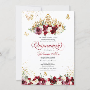 Burgundy Red Blommigt Tiara Butterfly Quinceanera Inbjudningar