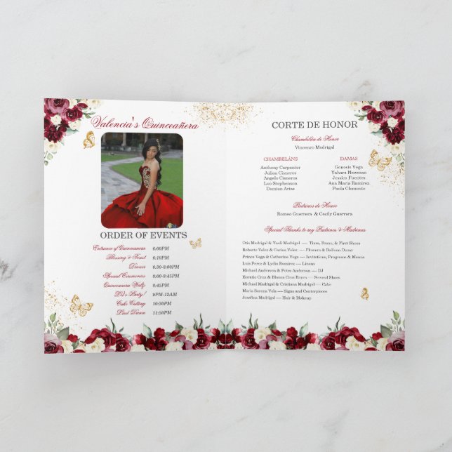 Burgundy Red Blommigt Tiara Butterfly Quinceanera Program (Inuti)