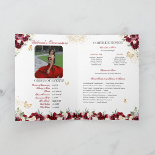 Burgundy Red Blommigt Tiara Butterfly Quinceanera Program