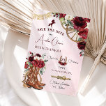 Burgundy Red Blommigt Vilda western Charro Quincea Spara Datumet<br><div class="desc">Den här chicen Quinceañera sparar datumet med vattenfärgad burgundröd blommigt, en blommigt adorded cowboystövlar, en hästsko och westernt temat inslag. Anpassa den med dina detaljer enkelt och snabbt, tryck helt enkelt på knappen Redigera med Design Verktyg för att ytterligare ordna om och formatera stil och placera texten. c) Lycklig Cat...</div>