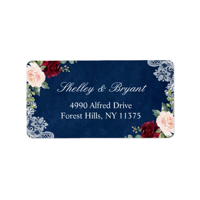 Burgundy Red  Blommigt Vita marinblått Snöre Adressetikett (Framsidan)