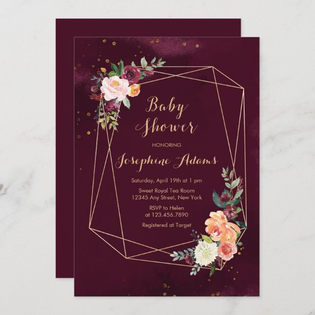 Burgundy Red Blommigt Watercolor Baby Shower Inbjudningar (Fram/baksida)