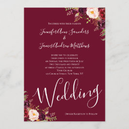 Burgundy Red Blommigt Watercolor Rustic Bröllop Inbjudningar