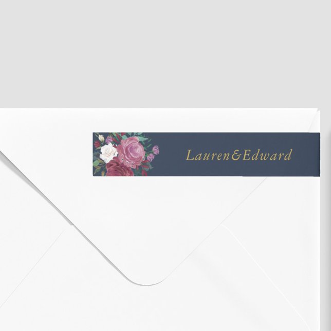 Burgundy Red Blooms Boho Bröllop Returadress Etikettband (Skapare uppladdad)