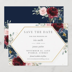 Burgundy Red Blue Blommigt Bröllop Spara Datumet