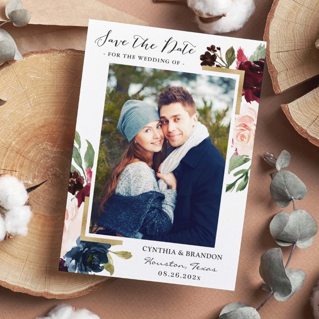 Burgundy Red  Blue Blommigt Guld Photo Spara Datumet (Skapare uppladdad)