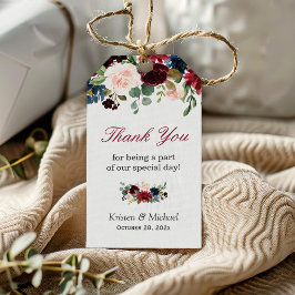 Burgundy Red Blue Blommigt Wedor Favor Tack Presentetikett
