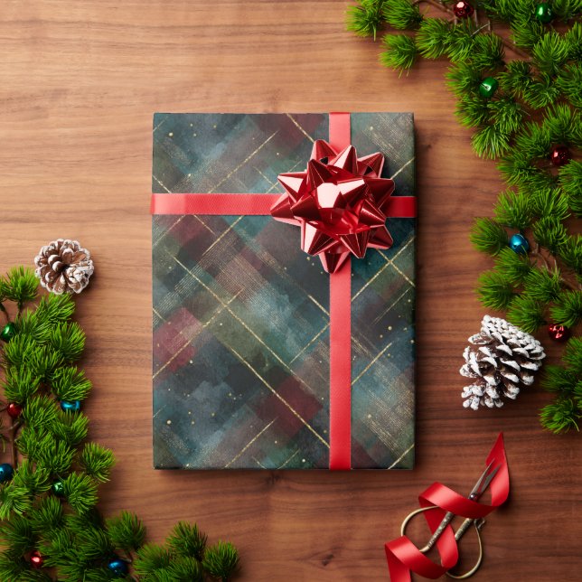 Burgundy Red Blue Green Gold Plaid Christmas Presentpapper (Julgåva)