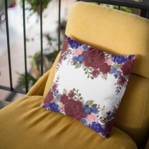 Burgundy Red Blue Navy Ro Flower Waterfall Drop Kudde