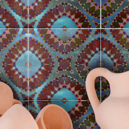 Burgundy Red Blue Symmetrical Geometric Petals Kakelplatta