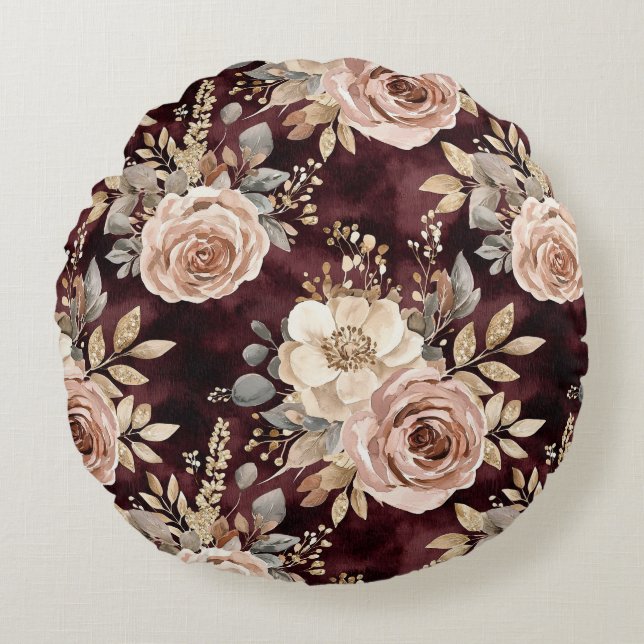 Burgundy Red Blush Floral Rund Kudde (Framsidan)