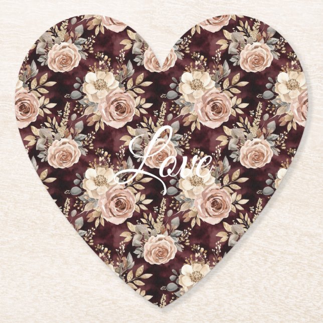 Burgundy Red Blush Floral Wedding Underlägg Papper (Framsida)