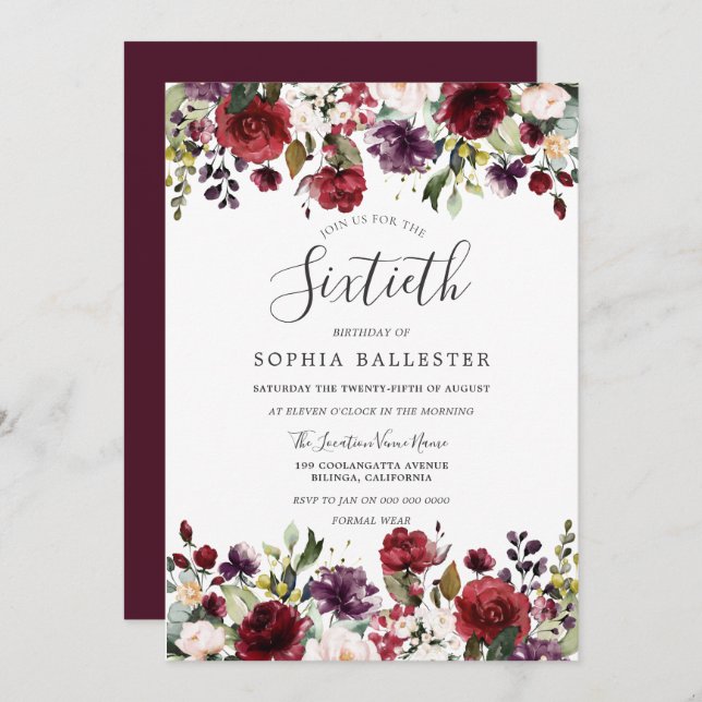 Burgundy Red Boho 60:e sextionde Födelsedagsfesten Inbjudningar (Fram/baksida)