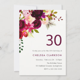 Burgundy Red Boho Blommigt 30års födelsedag Party Inbjudningar