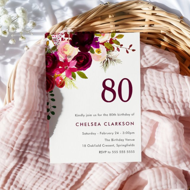 Burgundy Red Boho Blommigt 80:e Födelsedagsfesten Inbjudningar (Skapare uppladdad)