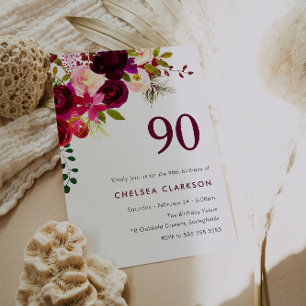 Burgundy Red Boho Blommigt 90:e Födelsedagsfest Inbjudningar