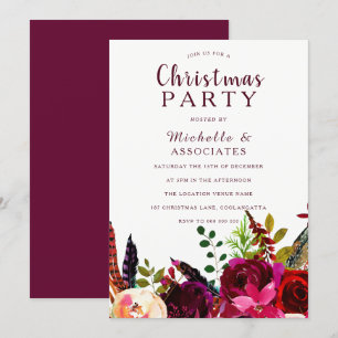 Burgundy Red Boho Blommigt - Jul Party Inbjudningar