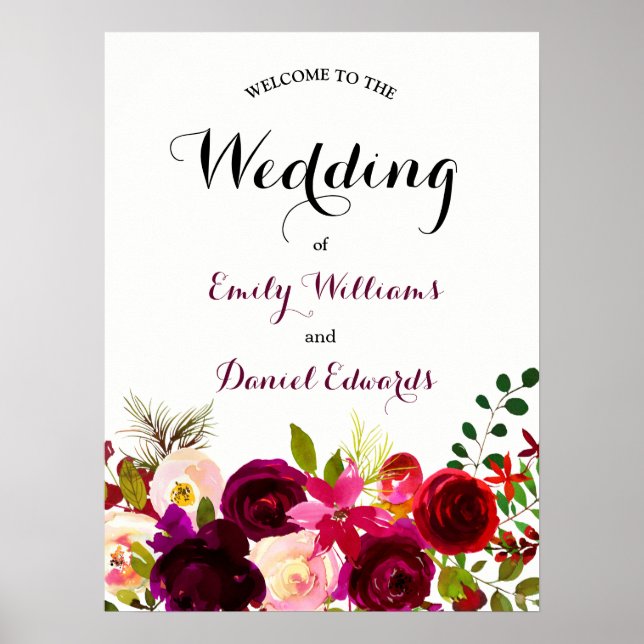 Burgundy Red Boho Blommigt Watercolor Bröllop Poster (Framsidan)