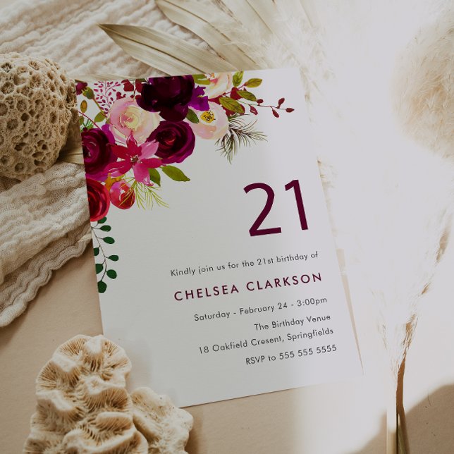 Burgundy Red Boho Flowers 21:a födelsedagen Party Inbjudningar (Skapare uppladdad)