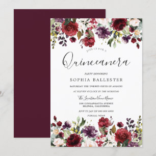 Burgundy Red Botanical Quinceanera Party Inbjudningar
