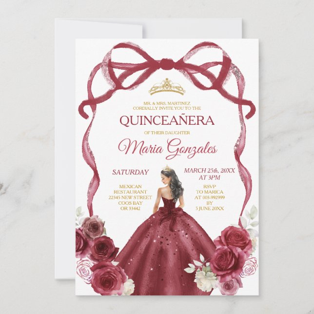 Burgundy Red Bow Princess Guld Krona Quinceañera Inbjudningar (Framsida)