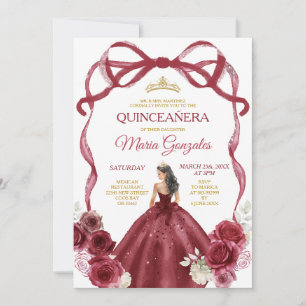 Burgundy Red Bow Princess Guld Krona Quinceañera Inbjudningar