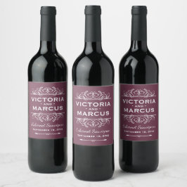 Burgundy Red Bröllop Monogram Vin Flaska favör Vinflaska Etikett