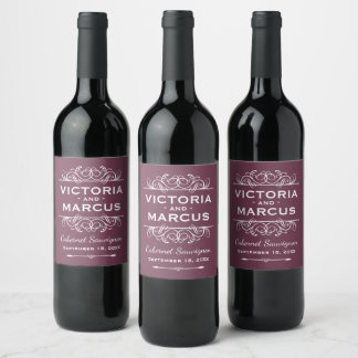Burgundy Red Bröllop Monogram Vin Flaska favör Vinflaska Etikett