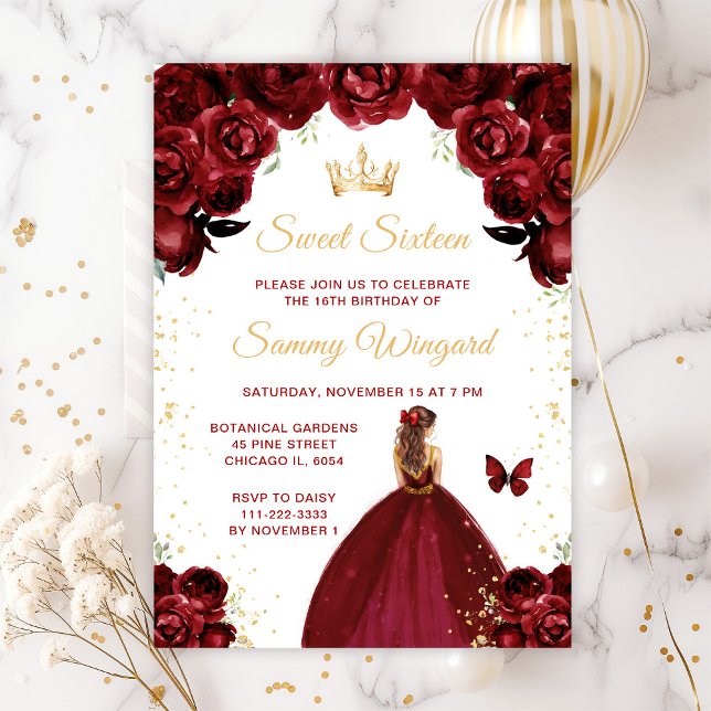Burgundy Red Brown Hair Princess Sweet sixteen Inbjudningar (Skapare uppladdad)