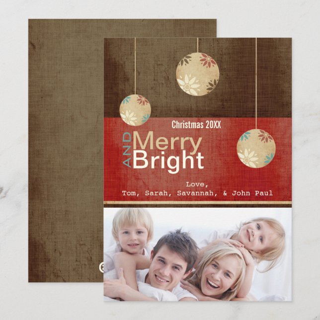Burgundy Red Brown Merry och Bright Family Photo Julkort (Fram/baksida)