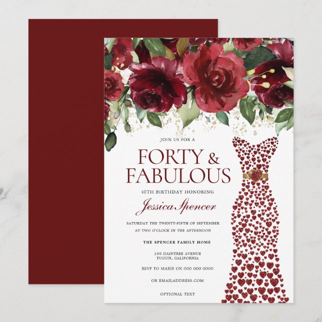Burgundy Red Dress 40:e födelsedagen Inbjudningar (Fram/baksida)