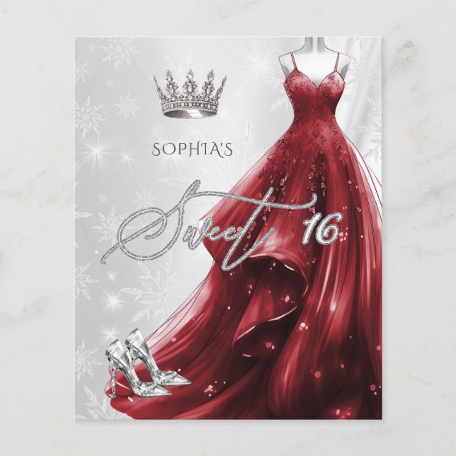 Burgundy Red Dress Snöflingor Sweet 16-inbjudan (Framsida)