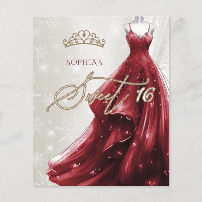Burgundy Red Dress Snöflingor Sweet 16-inbjudan (Framsida)