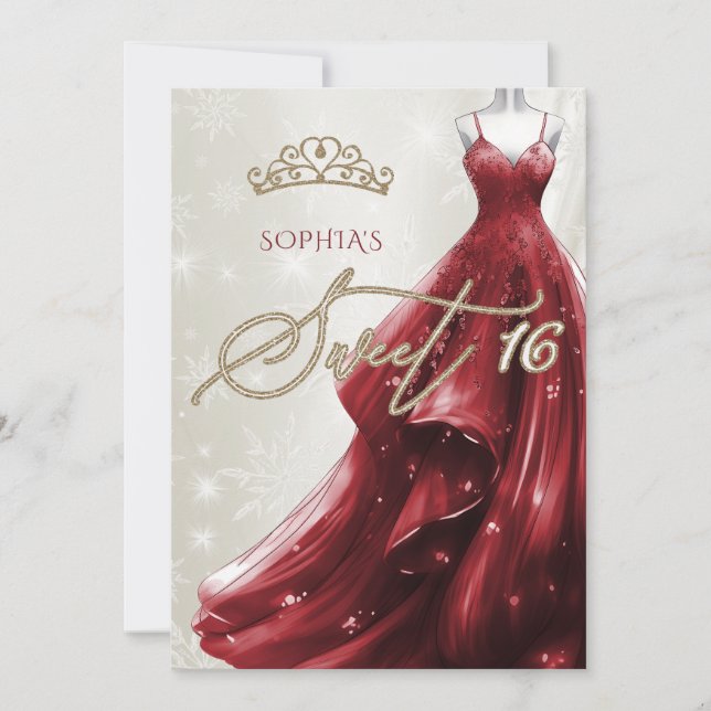 Burgundy Red Dress Snöflingor Winter Sweet 16 Inbjudningar (Framsida)