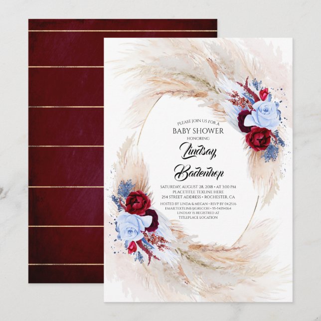 Burgundy Red Dusty Blue Pampas Grass Baby Shower Inbjudningar (Fram/baksida)