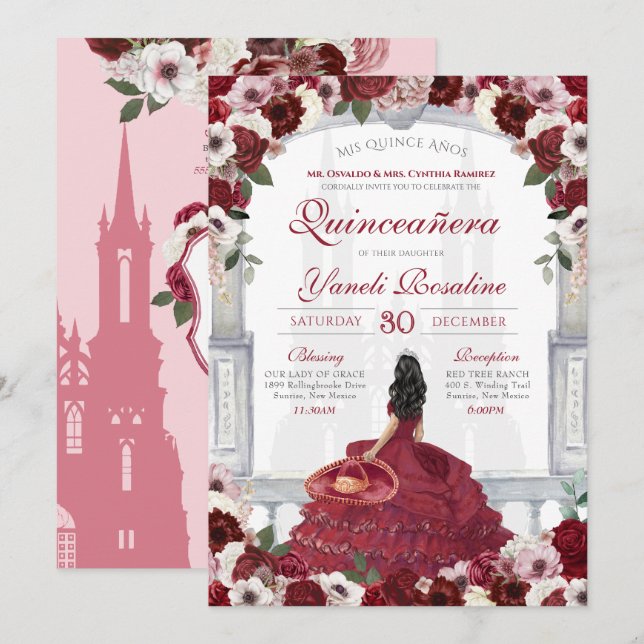 Burgundy Red Elegant Charro Princess Quinceanera Inbjudningar (Fram/baksida)
