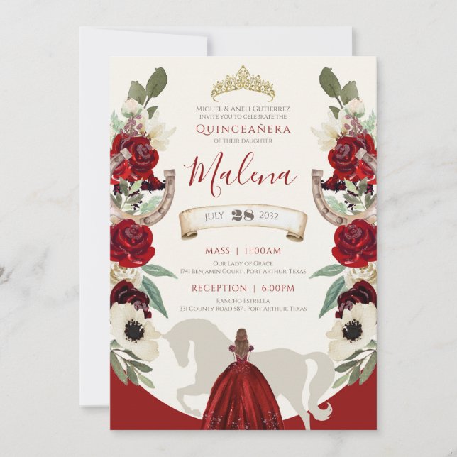Burgundy Red Elegant Watercolor Charro Quinceañera Inbjudningar (Framsida)