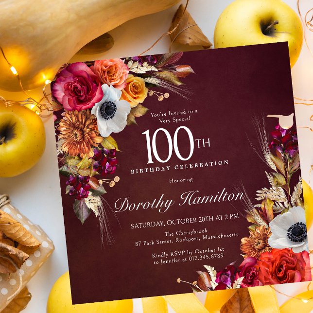 Burgundy Red Fall Flowers-skript 100:e födelsedage Inbjudningar (100th Birthday Fall Flowers Square Invitation. )