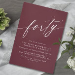 Burgundy Red | Fet Mörk Maron 40:e födelsedagen Inbjudningar<br><div class="desc">Modern-stil 40-årsinbjudningar med rubriken "40" i ett skriptteckensnitt. Vitt teckensnitt på djup röd bakgrund.</div>