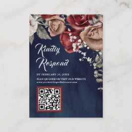 Burgundy Red Floral QR Code RSVP Navy Blue Wedding Tilläggskort
