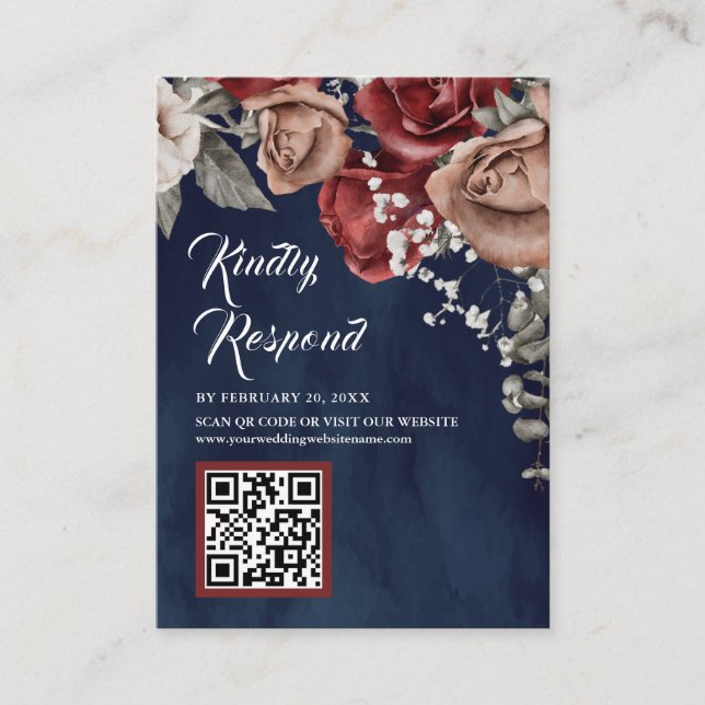 Burgundy Red Floral QR Code RSVP Navy Blue Wedding Tilläggskort (Framsida)