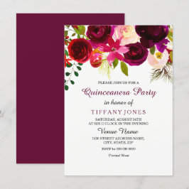 Burgundy Red Flower Quinceanera Party Inbjudan