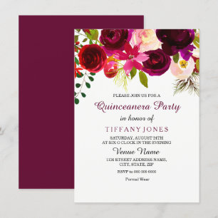 Burgundy Red Flower Quinceanera Party Inbjudan