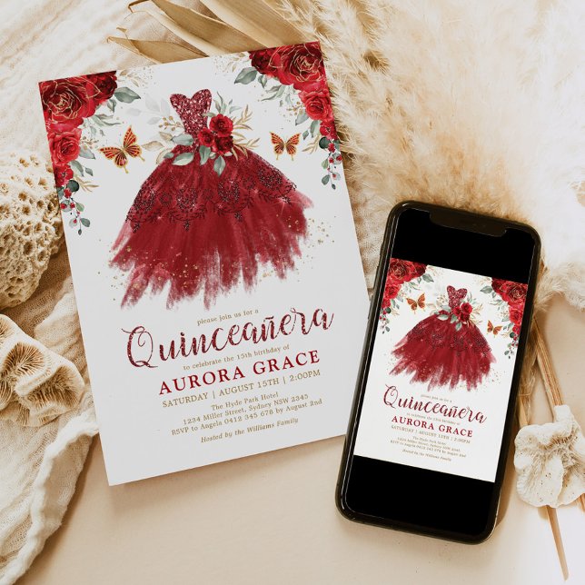 Burgundy Red Flower Quinceañera Princess Dress Inbjudningar (Skapare uppladdad)
