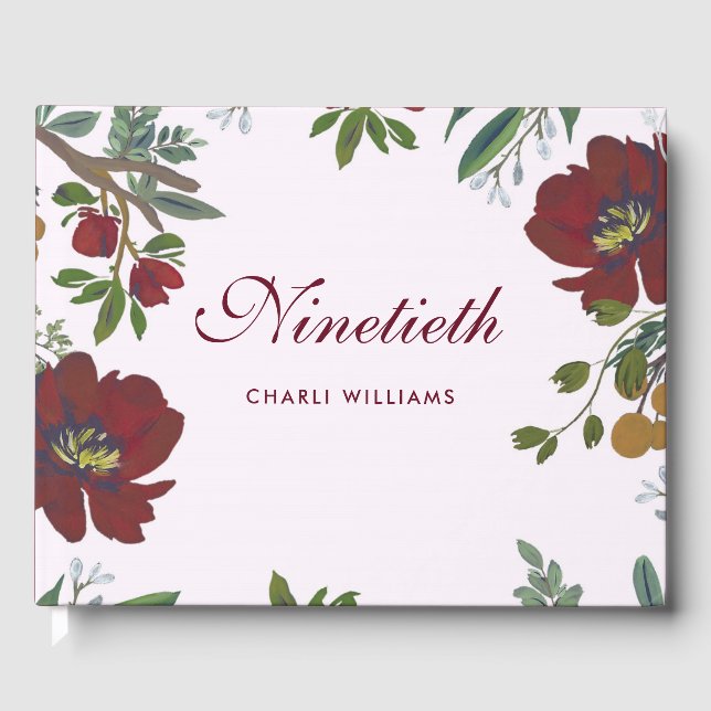 Burgundy Red Flowers 90:e Birthday Guest Bok (Framsida)