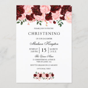 Burgundy Red Flowers Christening Inbjudan
