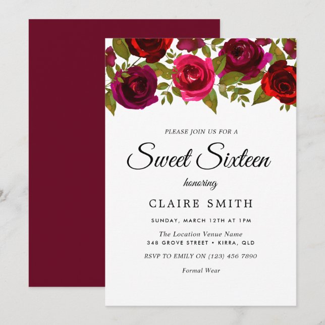 Burgundy Red Flowers Elegant Sweet 16 Inbjudan (Fram/baksida)