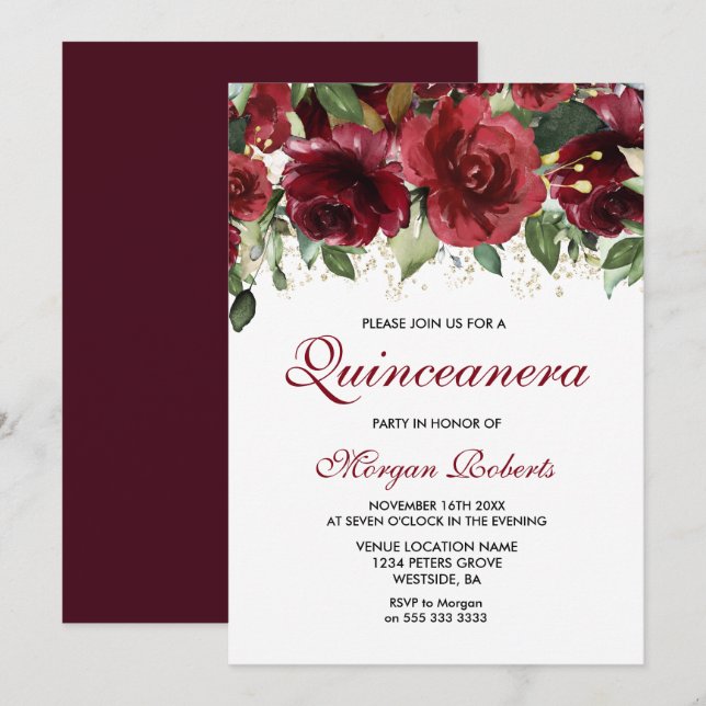 Burgundy Red Flowers Glitter Quinceanera Party Inbjudningar (Fram/baksida)