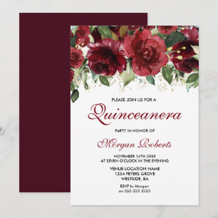 Burgundy Red Flowers Glitter Quinceanera Party Inbjudningar