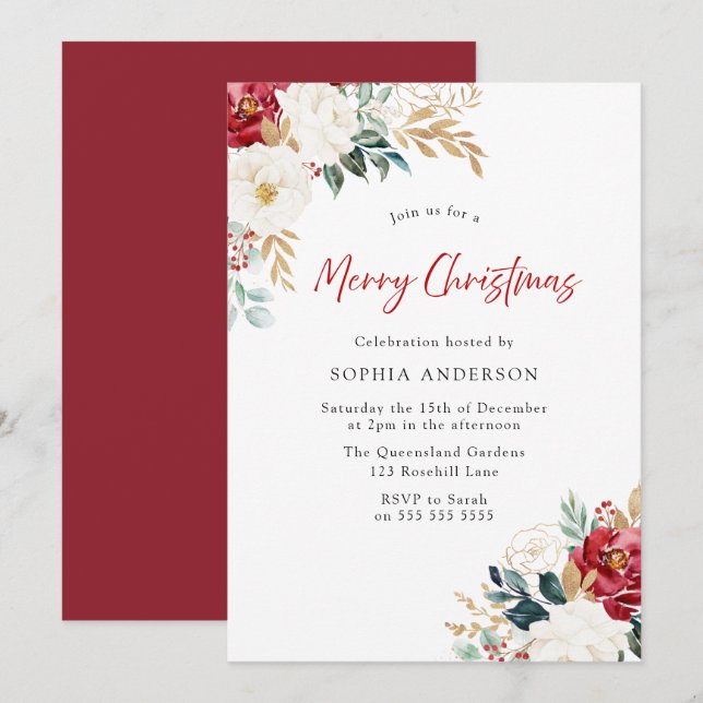 Burgundy Red Flowers God jul Party Inbjudningar (Fram/baksida)